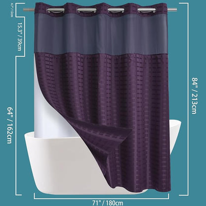 Conbo Mio Extra Long No Hook Shower Curtain with Snap in Liner Set, Hotel Luxury Purple Shower Curtains for Bathroom with See Through Top Window, Waterproof, Washable 71W x 84H