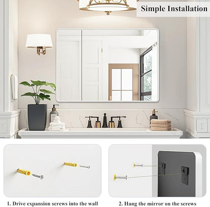 Fabuday Bathroom Mirror 40x30 Inch, White Wall Mirror for Over Sink with Brushed Metal Frame, Rectangular White Vanity Mirror for Decor, Horizontal or Vertical Hanging, Heavy-Duty Hooks