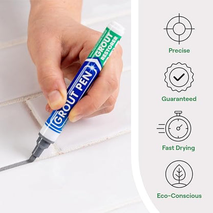 Grout Pen Grey Tile Grout Paint Marker - 2 Pack w/Extra Tips (7mL) | Waterproof Grout Refresh Restorer for Kitchen & Bathroom, Tile Grout Colorant and Sealer Pen - Narrow Tip 5mm - Grey