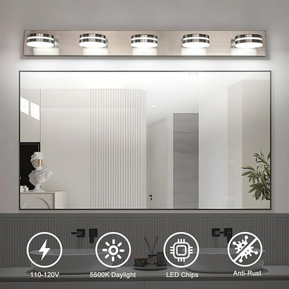 Brushed Nickel Bathroom Light Fixtures Over Mirror, 5-Light Bathroom Vanity Light, LED Dimmable Bath Lights, Modern Dimmable Vanity Lighting with Rotating Lamp Head, 5500K