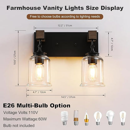 Farmhouse Bathroom Light Fixtures, 2 Light Black Vanity Light, Industrial Style with Clear Glass Shades, Rustic Wood Bathroom Lighting Fixtures Over Mirror for Bedroom, Living Room