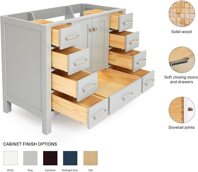 ARIEL Cambridge 48-inch Bathroom Vanity Base Cabinet,Solid Wood, 2 Soft Closing Doors, 9 Dovetail Drawers, Grey