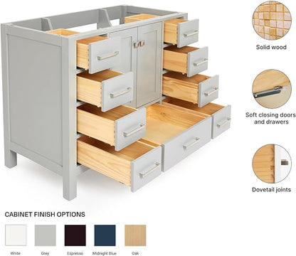 ARIEL Cambridge 48-inch Bathroom Vanity Base Cabinet,Solid Wood, 2 Soft Closing Doors, 9 Dovetail Drawers, Grey