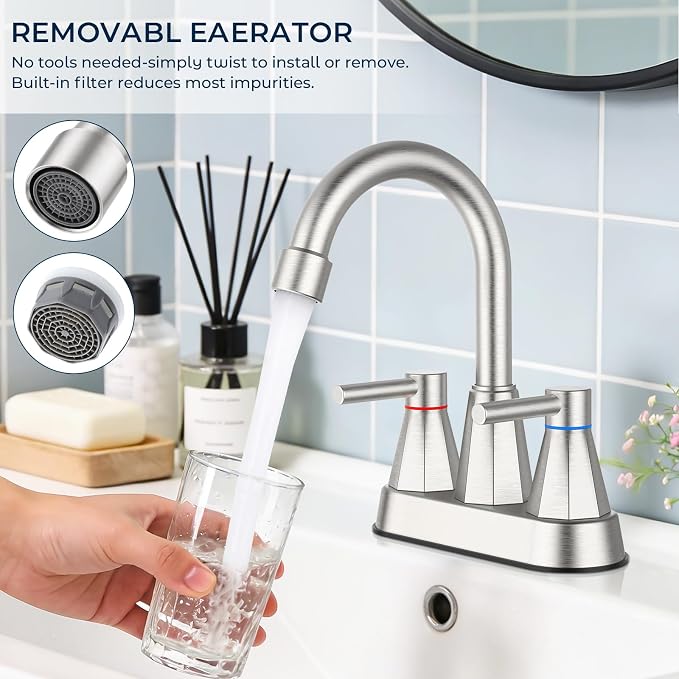 4-Inch Centerset Bathroom Sink Faucet 2-Handle, Brushed Nickel | Lead-free stainless steel, pop-up drain included, Detachable faucet aerator, 360°swivel spout, for vanity sink 3-hole mount