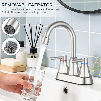 4-Inch Centerset Bathroom Sink Faucet 2-Handle, Brushed Nickel | Lead-free stainless steel, pop-up drain included, Detachable faucet aerator, 360°swivel spout, for vanity sink 3-hole mount