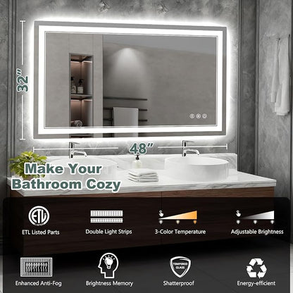 48x32 Inch LED Bathroom Mirror with Lights, 3 Colors Dimmable LED Vanity Mirror, Front and Back Lit, Anti-Fog, Memory Function, Shatterproof Tempered Glass, ETL Listed, Wall Mounted Makeup Mirror