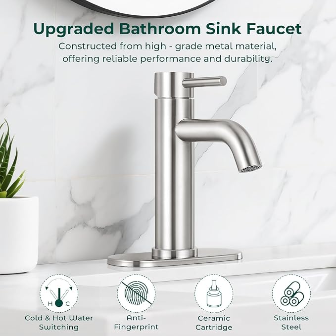 Bathroom sink faucet with text highlighting features on a white marble background