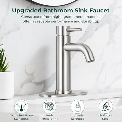 Bathroom sink faucet with text highlighting features on a white marble background