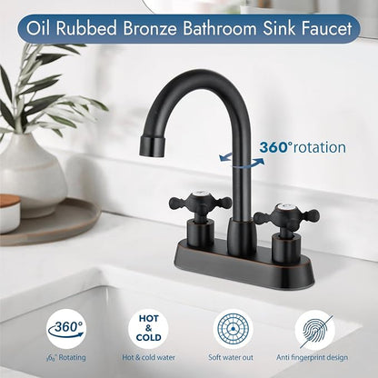 Oil Rubbed Bronze 4 Inch Centerset Bathroom Faucet, Vintage Bathroom Faucet | Lead-Free SUS304 Stainless Steel 4-Inch Vanity Faucet for 2 or 3-Hole Sinks, Cross Handle Design with 360° Swivel Spout
