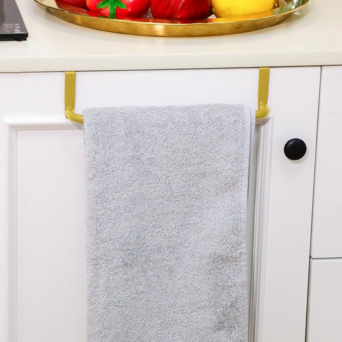 Patelai Over Cabinet Door Towel Bar, Metal Kitchen Rack,Gold | Hang Inside or Outside Cabinet for Hand Towels, No Drill Install, Bathroom Organizer, Saves Counter Space, Fits Doors