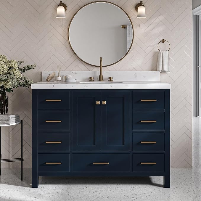 Beckford 48-Inch Bathroom Vanity with Sink — Midnight Blue Single Sink Bathroom Vanity, 1.5" Edge Carrara White Quartz Countertop, Solid Wood, 2 Soft-Close Doors, 9 Dovetail Drawers