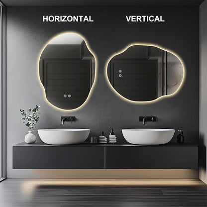 Irregular LED Bathroom Mirror with Lights,Asymmetrical Led Bathroom Vanity Mirror for Wall with Backlit, Anti Fog, 3 Colors and Dimmable Light,[Horizontal/Vertical] 30" H x 22" W