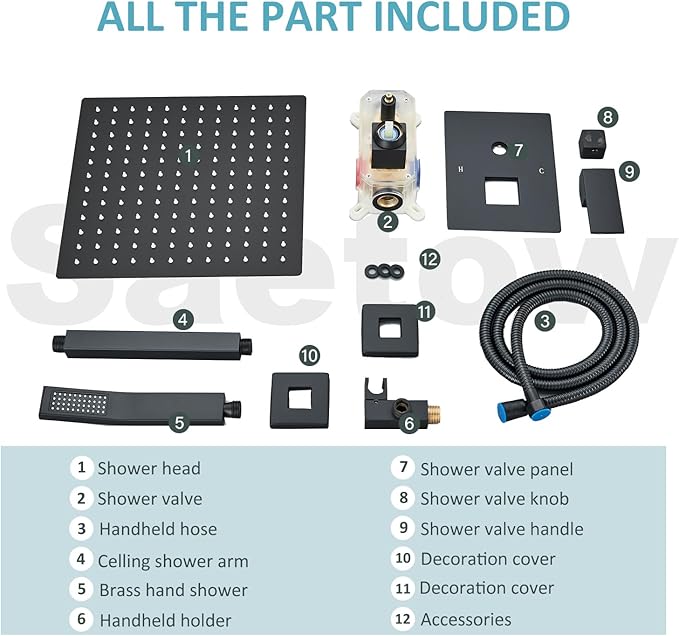 Ceiling Mount Matte Black Shower System 12 Inch Rain High Pressure Shower Head with Handheld Spray, Bathroom Shower Combo Set Rough in Valve Body and Trim Included