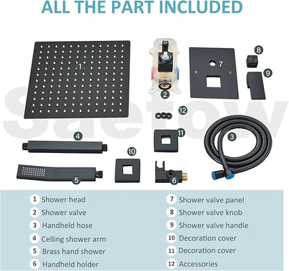Ceiling Mount Matte Black Shower System 12 Inch Rain High Pressure Shower Head with Handheld Spray, Bathroom Shower Combo Set Rough in Valve Body and Trim Included