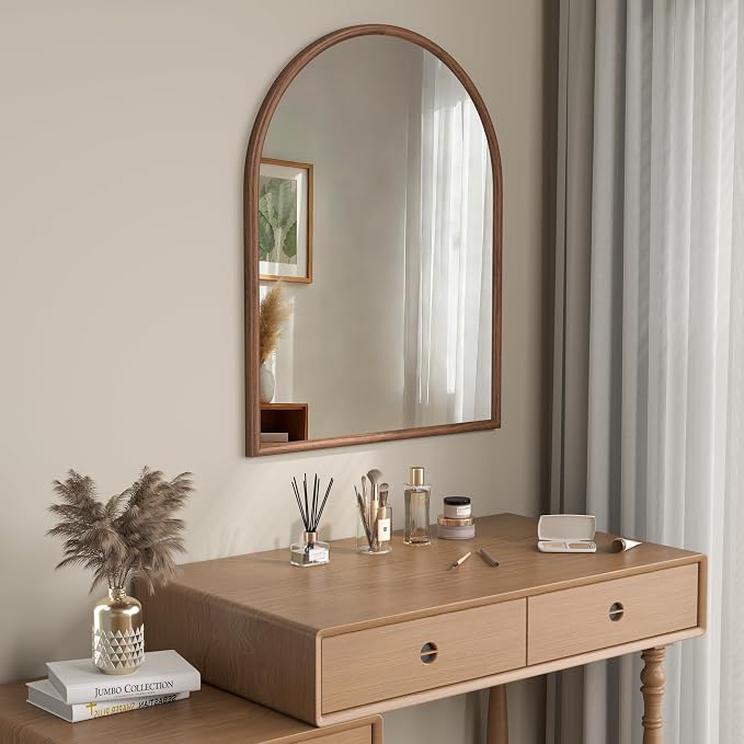 28"x36" Arch Wall Mirror for Wall, Wall Mounted Vanity Mirror for Bedroom, Wood Grain Finish Frame Mirror with Tempered Glass, Vintage Decorative for Bathroom, Entryway, Living Room, Walnut