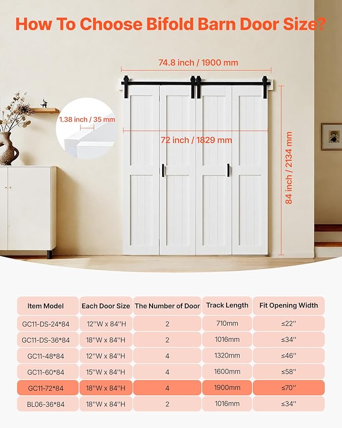 VEVOR Bifold Barn Door, 72" x 84", MDF Bi-Fold Sliding Closet Doors, Header Board and Hardware Kit Included, H-Frame Space-Saving Design, Pre-Assembled Panels, Waterproof & Quiet, White
