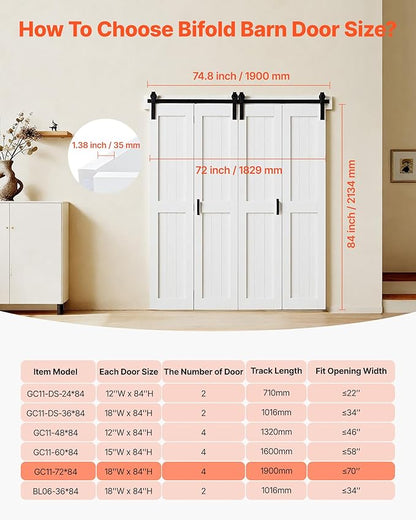 VEVOR Bifold Barn Door, 72" x 84", MDF Bi-Fold Sliding Closet Doors, Header Board and Hardware Kit Included, H-Frame Space-Saving Design, Pre-Assembled Panels, Waterproof & Quiet, White