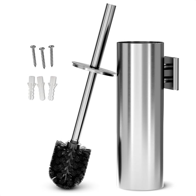 Silver Toilet Brush and Holder Set, Stainless Steel (Wall Mounted) | Bathroom Trash Can and Toilet Brush Set, Splash Protection & Dense Bristles for Bathroom Cleaning, Fits Most Standard Toilets