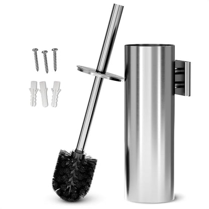 Silver Toilet Brush and Holder Set, Stainless Steel (Wall Mounted) | Bathroom Trash Can and Toilet Brush Set, Splash Protection & Dense Bristles for Bathroom Cleaning, Fits Most Standard Toilets