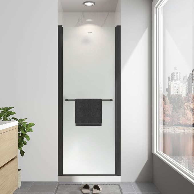 28"-30" W x 72" H Frameless Pivot Frosted Shower Door Matte Black | 1/4"(6mm) SGCC Tempered Glass with Explosion-Proof Film &Nano Coating,Customizable Width