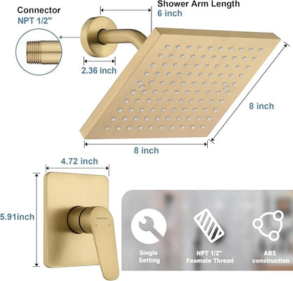 Gold Shower Head and Valve Set Single Spray Premium Wall Mount 8 Inch Rainfall Squre 1 Handle Shower Faucet with Rough-in Valves and Knob Kit for Bathroom Mixer （1.8GPM)