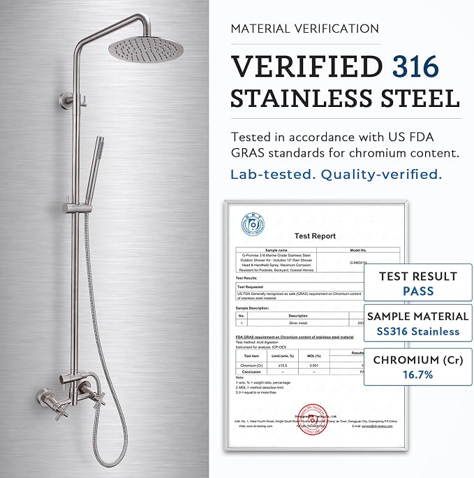 G‑Promise 316 Marine Grade Stainless Steel 8 Inches Outdoor Shower Kit | SUS 316 Stainless Steel, Built to Last, Easy Install, Height Adjustable, Wall Mounted, for Poolside, Backyard, Coastal Homes
