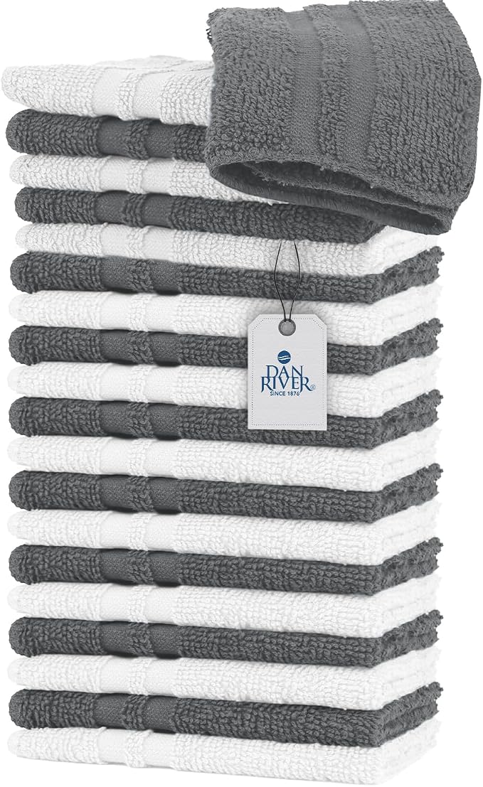 DAN RIVER 100% Cotton Washcloths 20 Pack Premium Quality Face and Body Cloth, Quick Dry Essential Towels for Bathroom, Hand, Kitchen & Cleaning, Baby Rugs | 11X11 in | 400 GSM | Grey + White