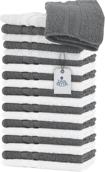 DAN RIVER 100% Cotton Washcloths 20 Pack Premium Quality Face and Body Cloth, Quick Dry Essential Towels for Bathroom, Hand, Kitchen & Cleaning, Baby Rugs | 11X11 in | 400 GSM | Grey + White