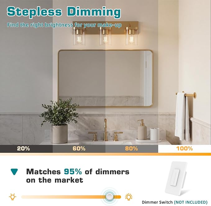 Bathroom Lighting Fixtures Over Mirror, Square Design & Rectangle Large Backplate, 3 Lights Modern Vanity Lighting Fixtures, Bathroom Light Fixtures for Bathroom/Living Room/Bedroom, Gold