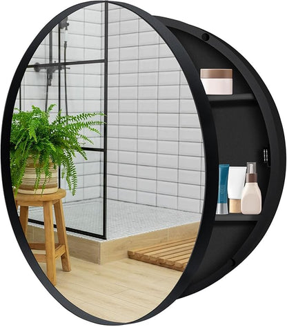 26 x 26 Inch Round Medicine Cabinet with Mirror, Surface Mount Only, Black Metal Frame Bathroom Mirror Cabinet, Modern Shatterproof Vanity Mirror with Storage