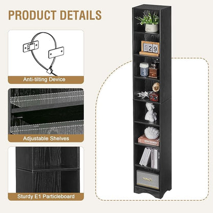 VECELO Tall Open Narrow Bookshelf, 6 Adjustable Movable Shelves, Wood Space Saving Corner Storage Rack for Small Spaces, Sleek Black