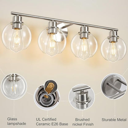 Bathroom Light Fixtures Over Mirror 4-Lights Bathroom Vanity Light with Clear Globe Glass Shade 29.5 inch Modern Brushed Nickel Vanity Lights Wall Sconce Lighting for Bath