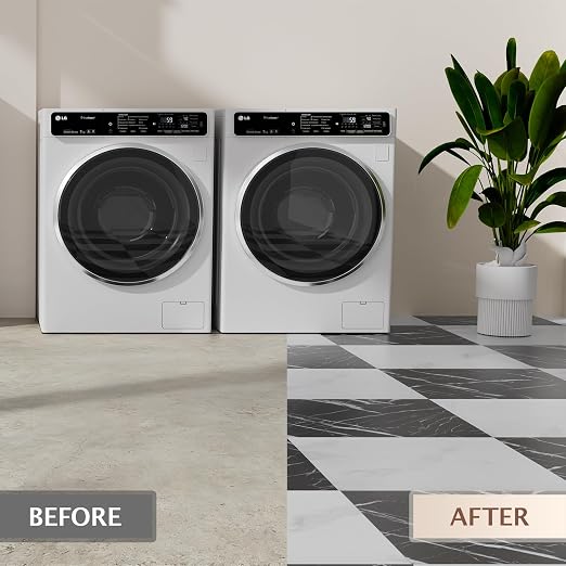 Peel and Stick Floor Tile, 30 PCS 12" x 12" Checkered Waterproof Marble Texture Luxury Vinyl Tiles, Easy DIY Self Adhesive Vinyl Flooring for Bathroom, Kitchen, Living Room, Black/White
