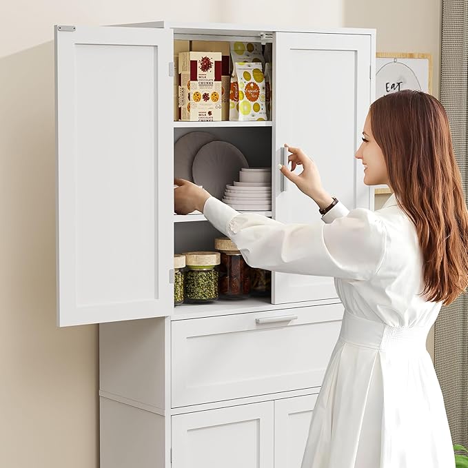 Iwell 67" Tall Storage Cabinet with Adjustable Shelf & 1 Large Drawer, Pantry Cabinet with 4 Doors, Kitchen Cabinets for Dining Room, Living Room, Home Office, White | Adjustable Shelf