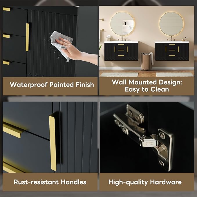 72'' Wall Mounted Bathroom Vanity, Floating Storage Vanity Cabinet with 2 Drawers, Solid Wood Bathroom Cabinet, Black