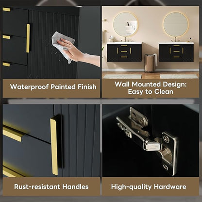 72'' Wall Mounted Bathroom Vanity, Floating Storage Vanity Cabinet with 2 Drawers, Solid Wood Bathroom Cabinet, Black