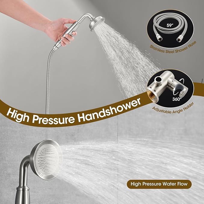 Rain Shower Head with Handheld Spray, Rainfall Shower System with Rough-in Valve, Shower Faucet Set with Pressure Balance Valve, 9 Inch Luxury Shower Trim Kit Wall Mount, Brushed Nickel