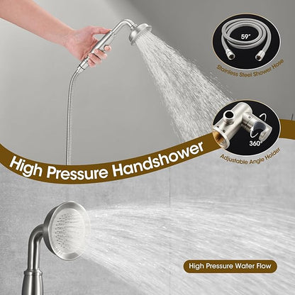 Rain Shower Head with Handheld Spray, Rainfall Shower System with Rough-in Valve, Shower Faucet Set with Pressure Balance Valve, 9 Inch Luxury Shower Trim Kit Wall Mount, Brushed Nickel