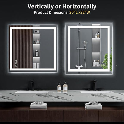 30"x32" LED Bathroom Mirror with Lights, Anti-Fog, Backlit+Frontlit | CRI 95, Stepless Dimmable, 3 Colors Lighting, Shatterproof Tempered Glass, HD Reflection, Memory, (Horizontal/Vertical)
