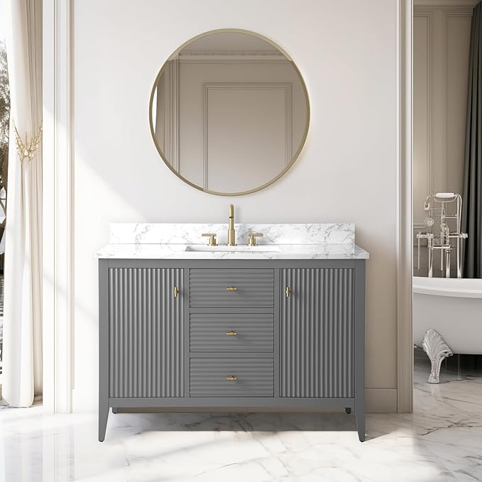 Vanity Art 48 inch Bathroom Vanity with Single Sink & Ceramic Top, Vanity Cabinet with Soft-Closing Door, Solid Wood Frame, Linear Pattern, Cashmere Gray, Golden Brushed Handware VA9148-G-GB