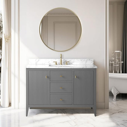 Vanity Art 48 inch Bathroom Vanity with Single Sink & Ceramic Top, Vanity Cabinet with Soft-Closing Door, Solid Wood Frame, Linear Pattern, Cashmere Gray, Golden Brushed Handware VA9148-G-GB