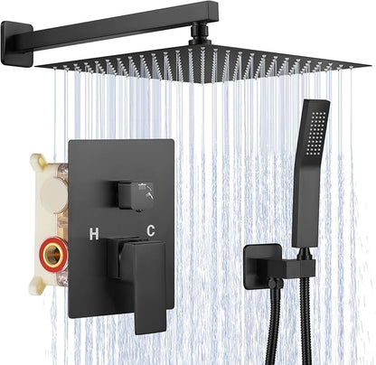 JOMEOO® 12 Inch Matte Black Shower System, Wall Mounted High Pressure Rain Shower Head with Handheld Sprayer, Bathroom Luxury Black Shower Head Shower Faucet Set Rough in Valve Body and Trim