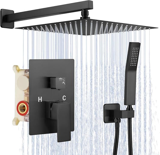 JOMEOO® 12 Inch Matte Black Shower System, Wall Mounted High Pressure Rain Shower Head with Handheld Sprayer, Bathroom Luxury Black Shower Head Shower Faucet Set Rough in Valve Body and Trim
