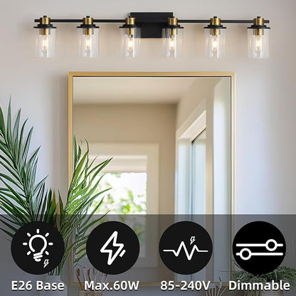 LOUSACE Bathroom Light Fixtures Black and Gold, 6 Light Bathroom Vanity Light, Modern Bathroom Light over Mirror with Clear Glass Shades, Brushed Gold Socket Wall Vanity Lighting Fixtures for Bathroom