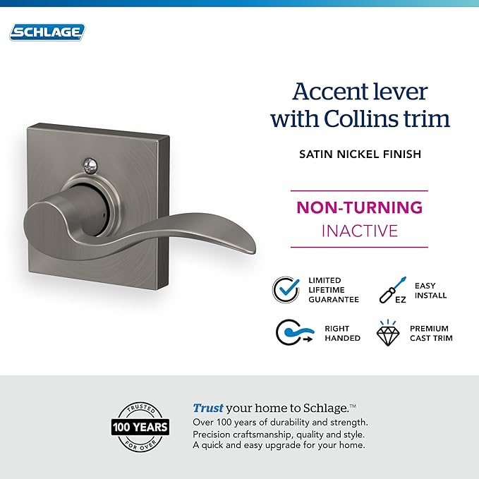 Schlage Accent Lever with Collins Trim Non-Turning Lock in Satin Nickel - Right Handed - F170 ACC 619 COL RH