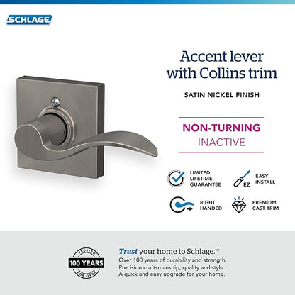 Schlage Accent Lever with Collins Trim Non-Turning Lock in Satin Nickel - Right Handed - F170 ACC 619 COL RH