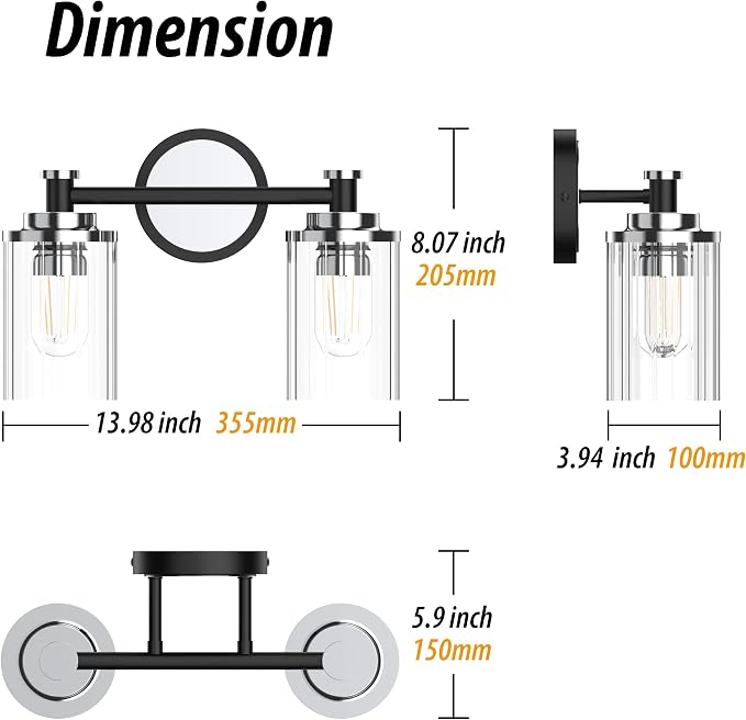 Bathroom Lighting Fixtures Black and Chrome Bathroom Vanity Light with Cylindrical Clear Stripes Glass Lampshade E26 Socket Base Bathroom Lighting Fixtures Over Mirror (2 Lights)