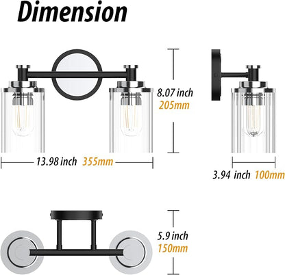 Bathroom Lighting Fixtures Black and Chrome Bathroom Vanity Light with Cylindrical Clear Stripes Glass Lampshade E26 Socket Base Bathroom Lighting Fixtures Over Mirror (2 Lights)