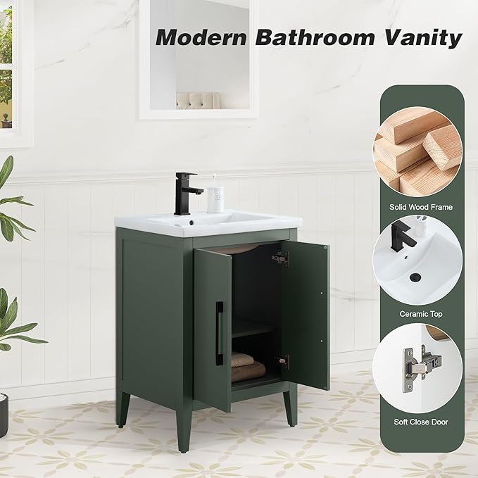 HomeBeyond 24 Inch Bathroom Vanity with Sink & Ceramic Top, Single Vanity Cabinet with Basin, Soft-Closing Doors & Matte Black Hardware, Vintage Green