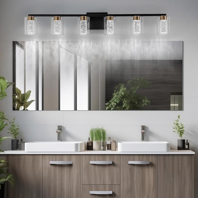 SineRise 6-Light Black and Gold Vanity Light with 3 Color Modes (3000K/4000K/6000K), Eye Protection LED Bathroom Light Fixture, Dimmable Modern Wall Light Over Mirror with Clear Glass Shade